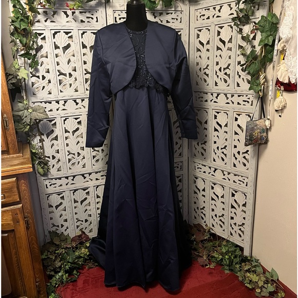 NIGHT SCENE ELEGANT NAVY BLUE 2pc DRESS & JACKET WITH BEADING FORMAL DRESS - Picture 2 of 15